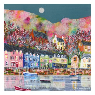 Colorful painting of a quaint village with houses by a river and boats in the foreground, under a vivid, textured sky and moon. By Nikki Monaghan